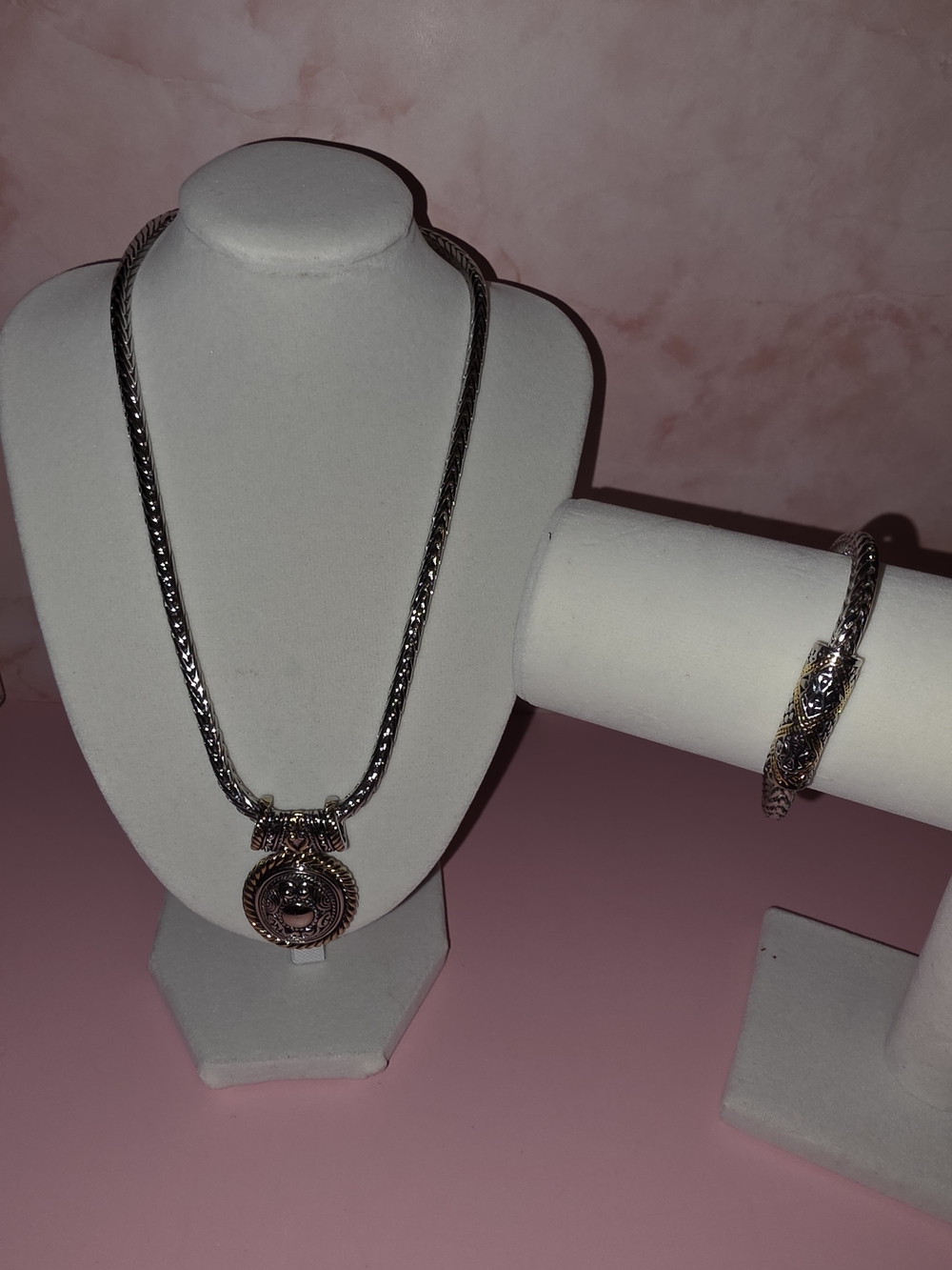 Silver-Tone Pendant Necklace and Bracelet Set - Two-Tone Accents